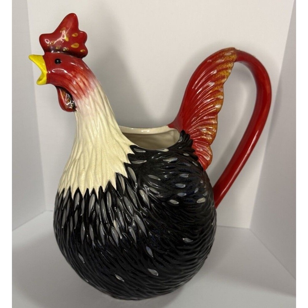 Large Ceramic Rooster Pitcher Farmhouse Kitchen Decor Vintage Style 10"